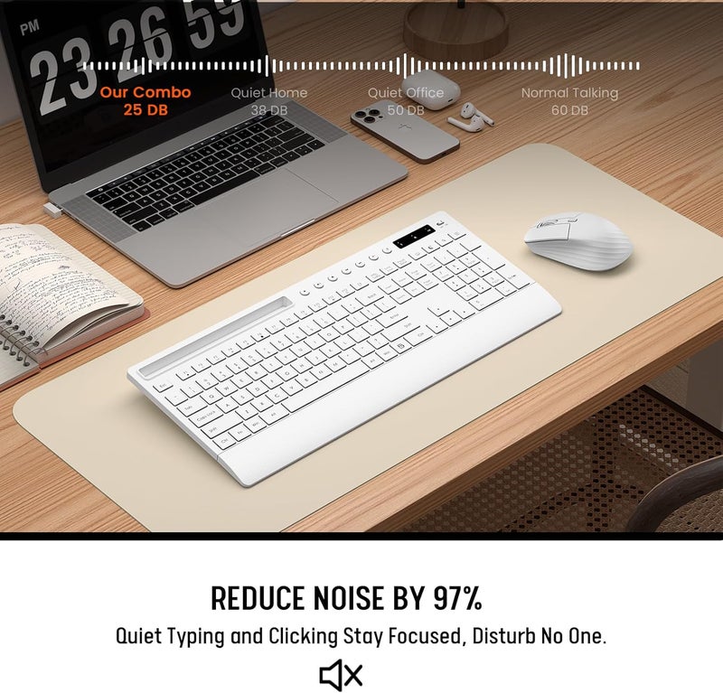 Trueque White Wireless Keyboard and Mouse Combo - Full-Size Quiet Keyboards with Palm Rest, Phone Holder, Multimedia Keys, Batteries Included, Office Key Board Compatible with Windows, PC, Laptop - - Image 4